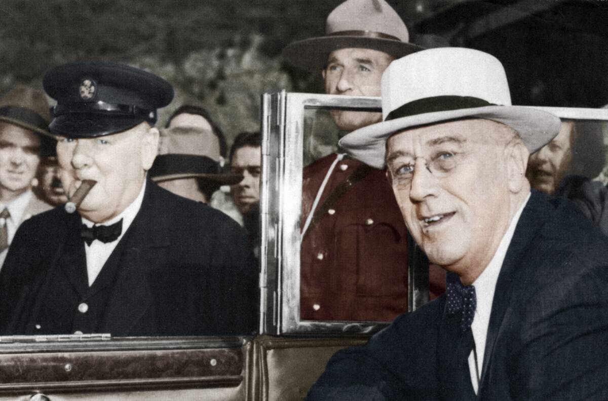 Franklin D Roosevelt and Winston Churchill meeting in Quebec, Canada, 1944.