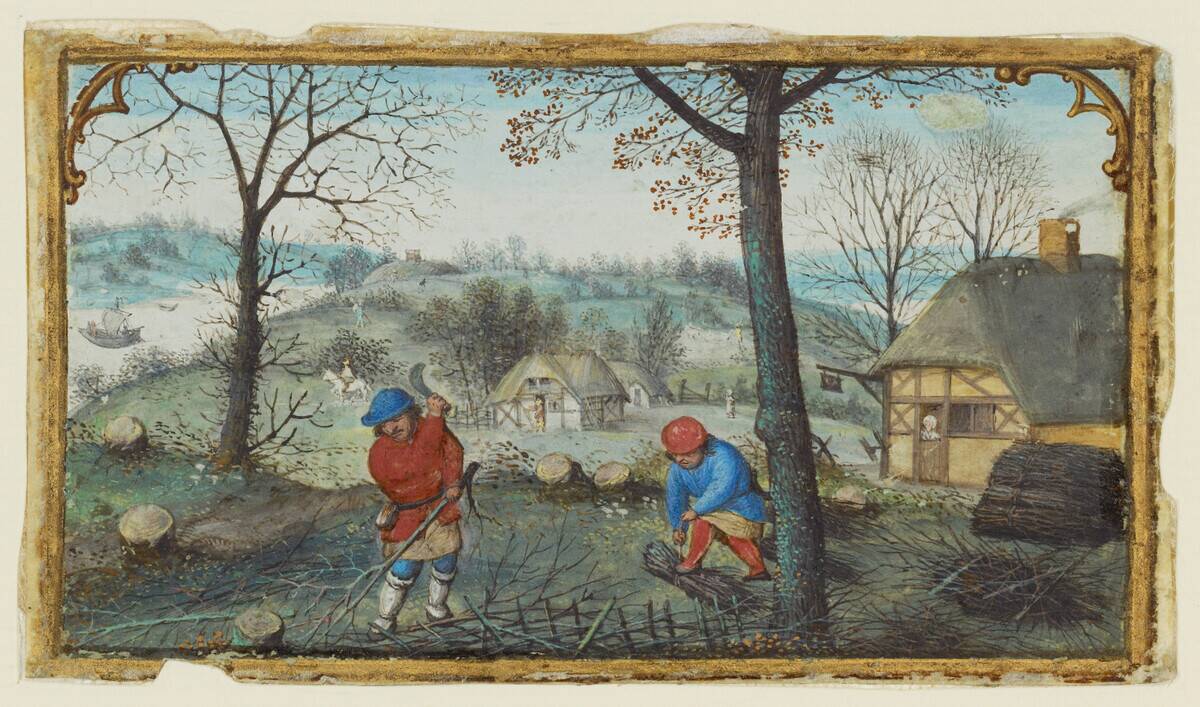 Gathering Twigs; Calendar Miniature From A Book Of Hours