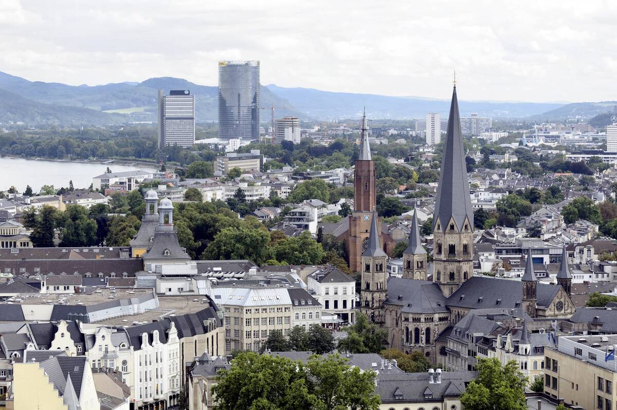 Germany - North Rhine-Westphalia - Bonn: View on the city, in the backround left handed UN-Campus (United Nations), right handed the Post-Tower (Headquarter Deutsche Post)