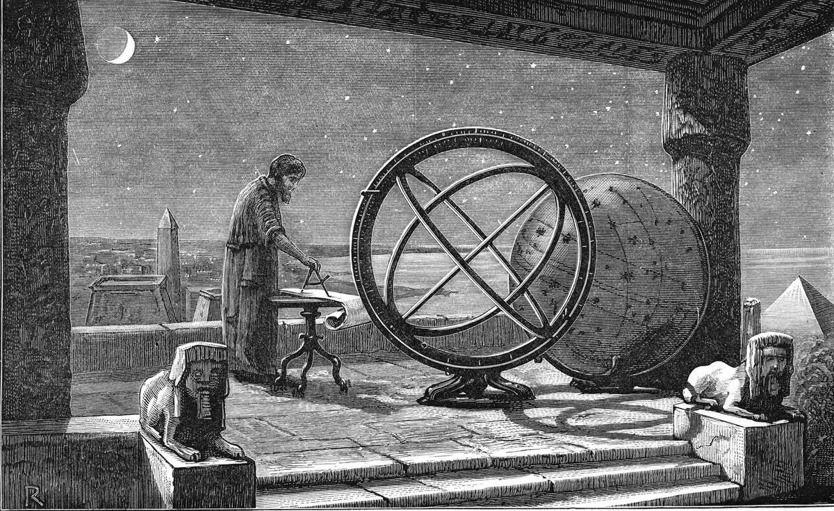 Hipparchos (c146-c127) Ancient Greek astronomer. Artist's reconstruction of Hipparchos at work. Wood engraving c1880.