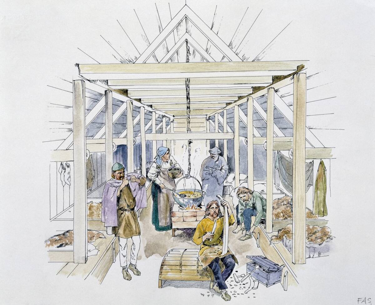 Interior of a wooden Viking house...