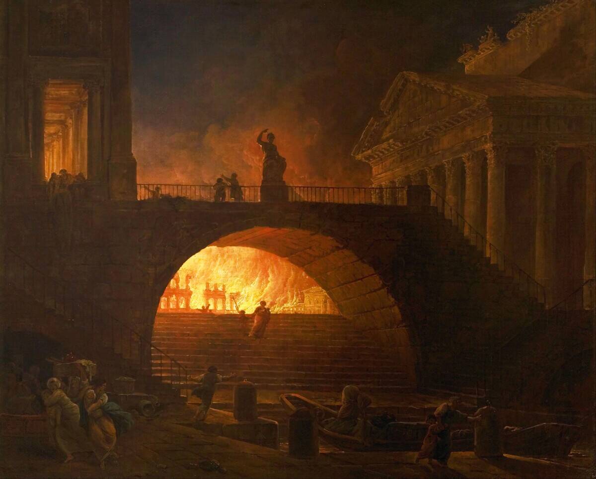 Italy: 'The Fire of Rome', oil on canvas painting by Hubert Robert (French, 1733 - 1808), 1785. Currently on display in the Museum of Modern Art Andre Malraux, Le Havre