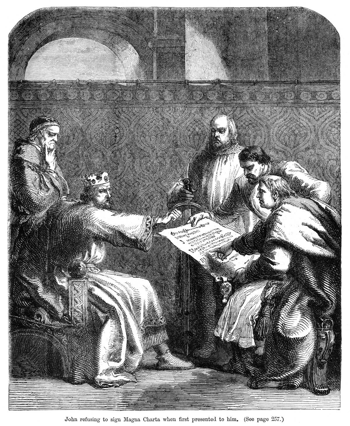 King John (1167-1216) refusing to sign the Magna Carta when first presented to him, 1215.