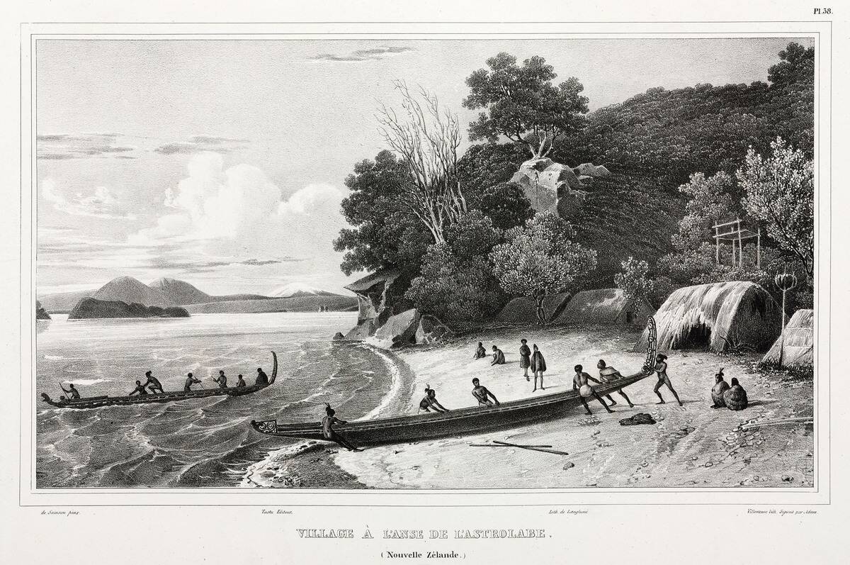 Maoris launching canoes, Astrolabe Strait, New Zealand, 1826-1829.