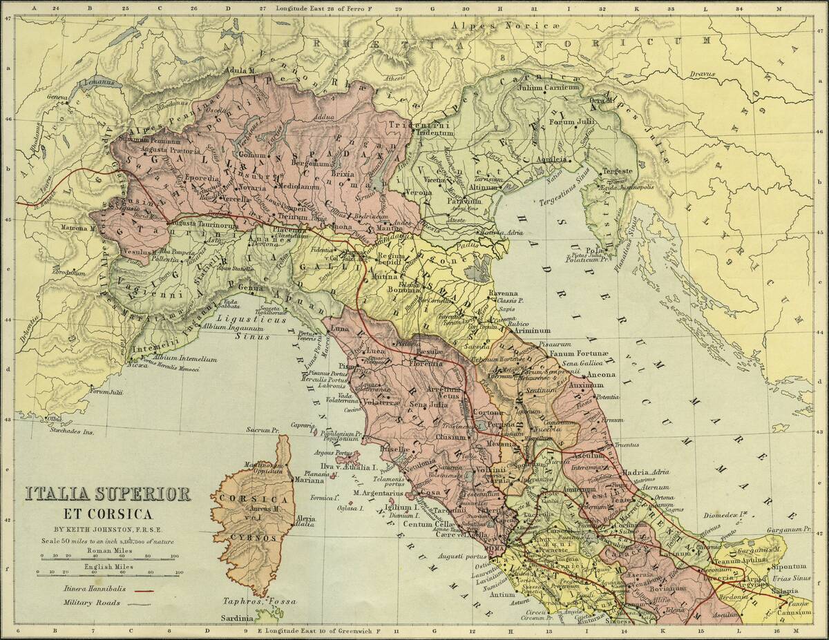 Map of northern Roman Italy and Corsica