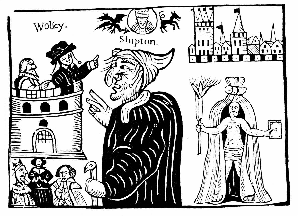 Mother Shipton (1488-c1560) English witch and prophetess, prophesying the death of Cardinal Wolsey. Woodcut...