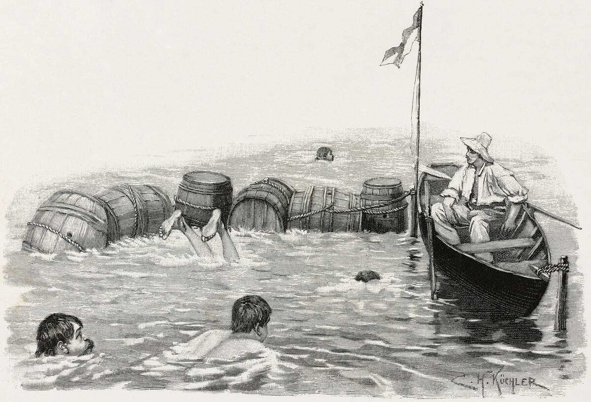 Obstacle swimming race, illustration by Kuechler