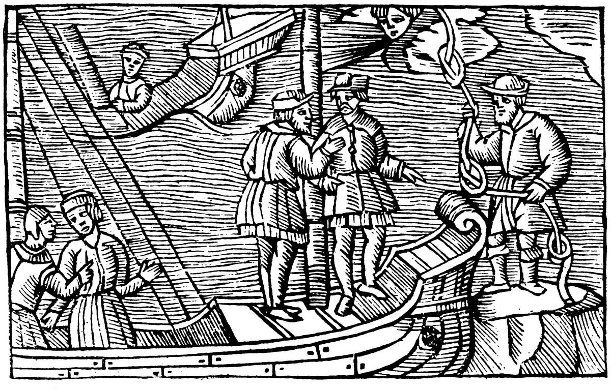 Sailors buying winds (tied in knots) from a magician, 1562.