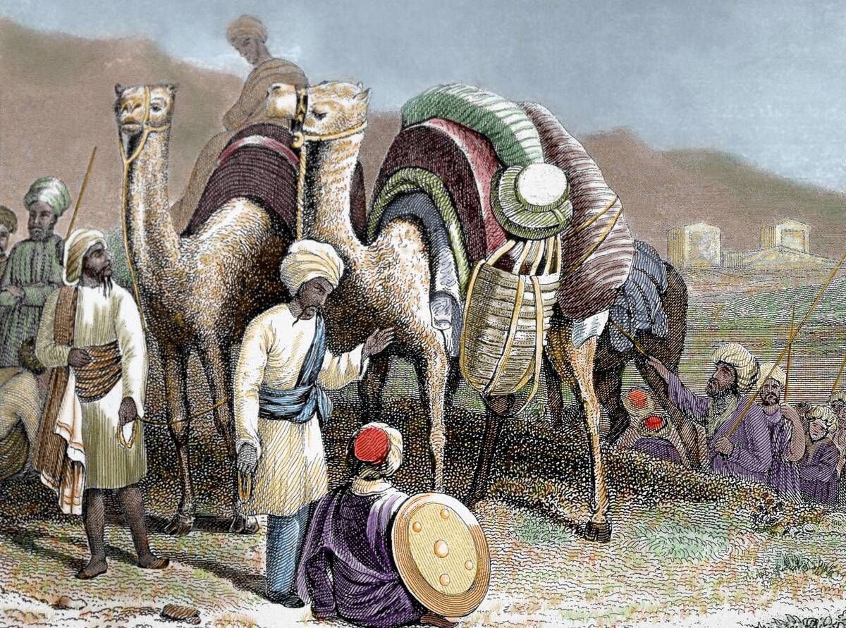 Silk Road. Caravan of camels resting. Engraving.