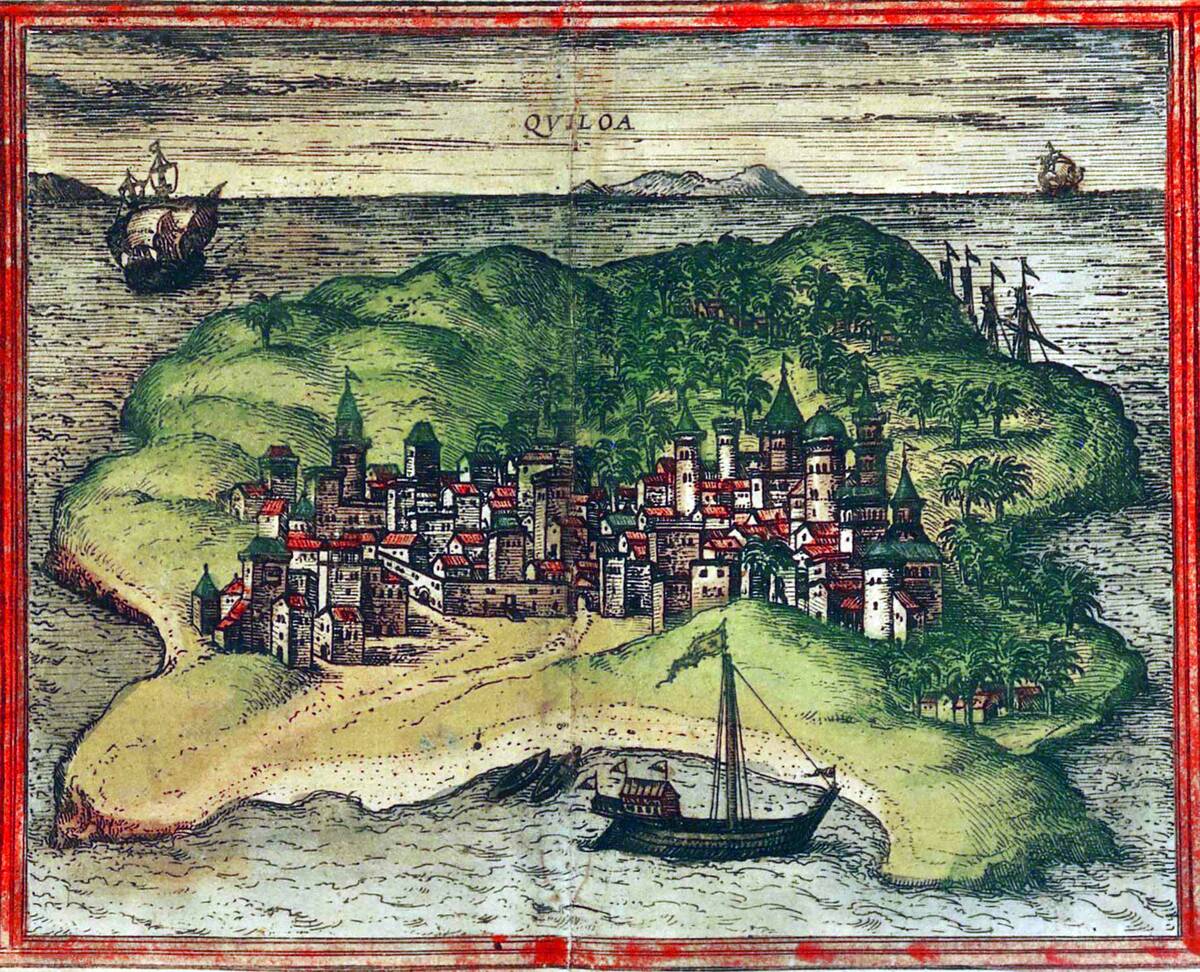 Tanzania: The Swahili city of Kilwa, on the Tanzanian coast. From Civitates Orbis Terrarum (1572).