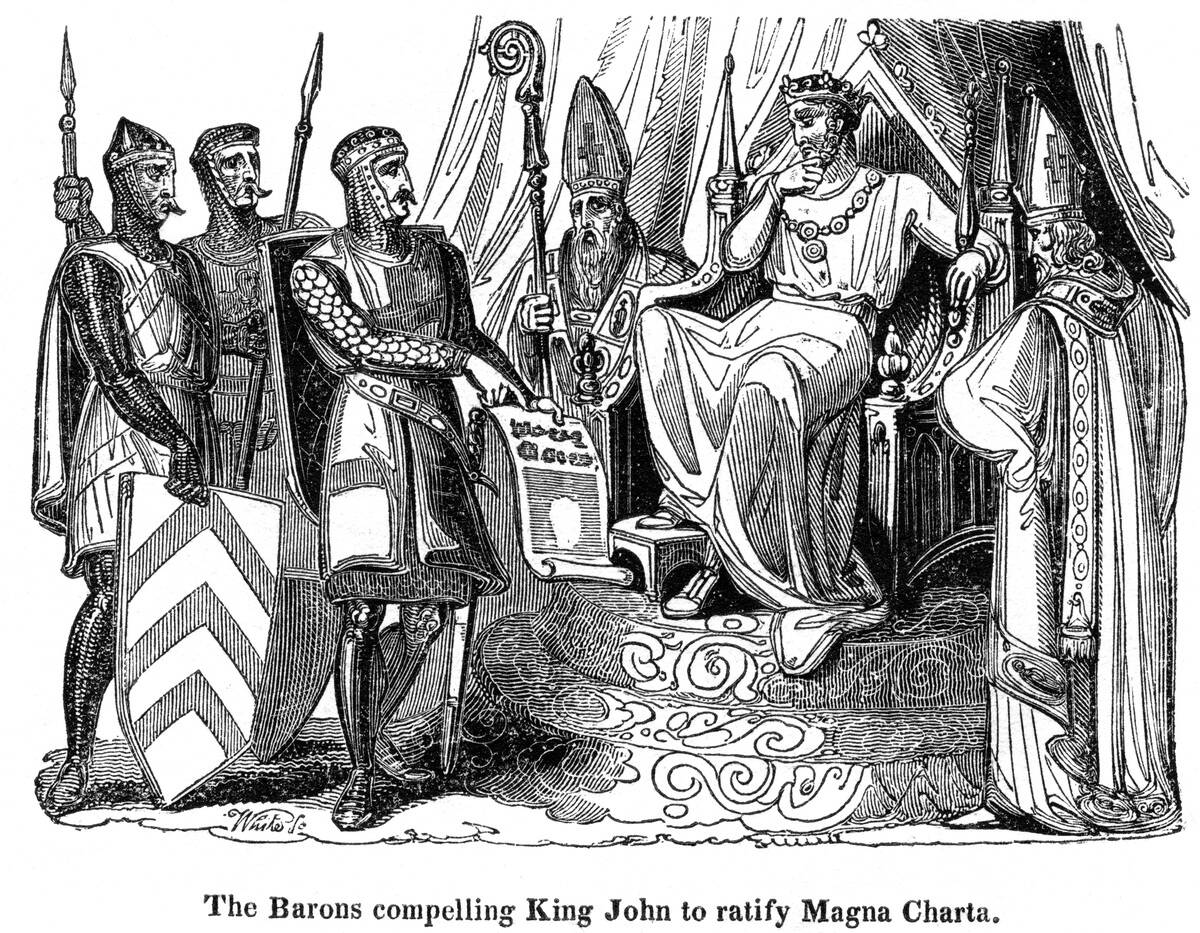 The barons compelling King John (1167-1216) to ratify the Magna Carta, 1215.