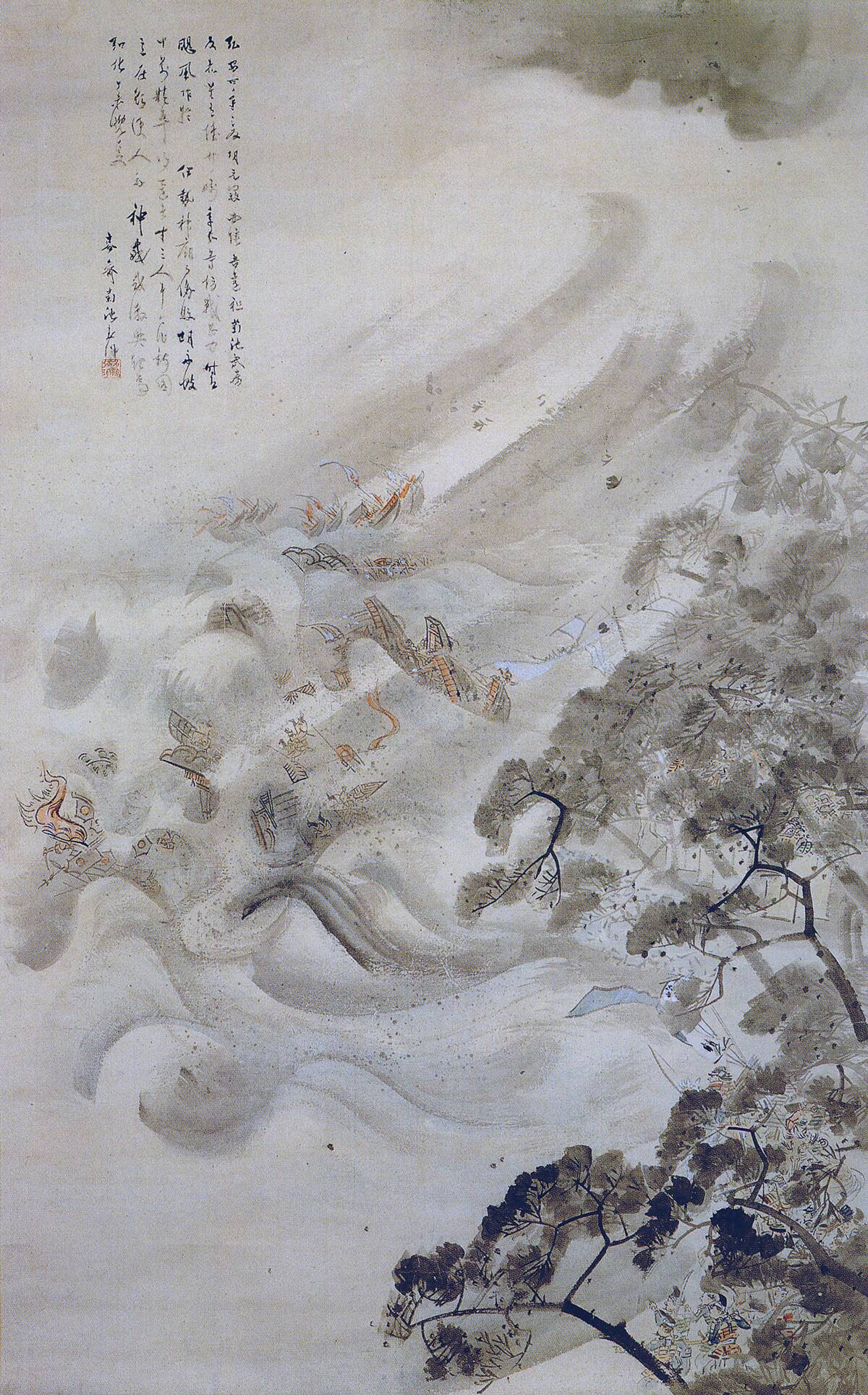The Mongol fleet destroyed in a typhoon, ink and water on paper, by Kikuchi Yosai, 1847.