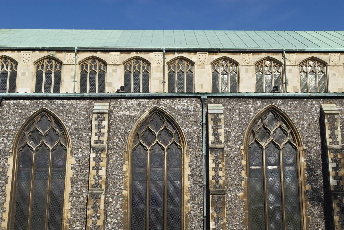 The perpendicular gothic style medieval Church of St Andrew, Norwich, UK
