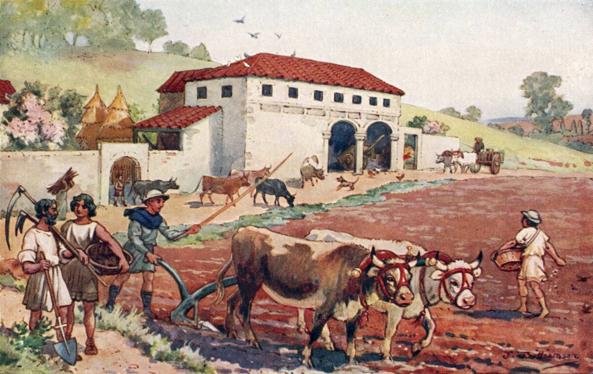 The Roman Empire - peasants farming and plowing the fields.