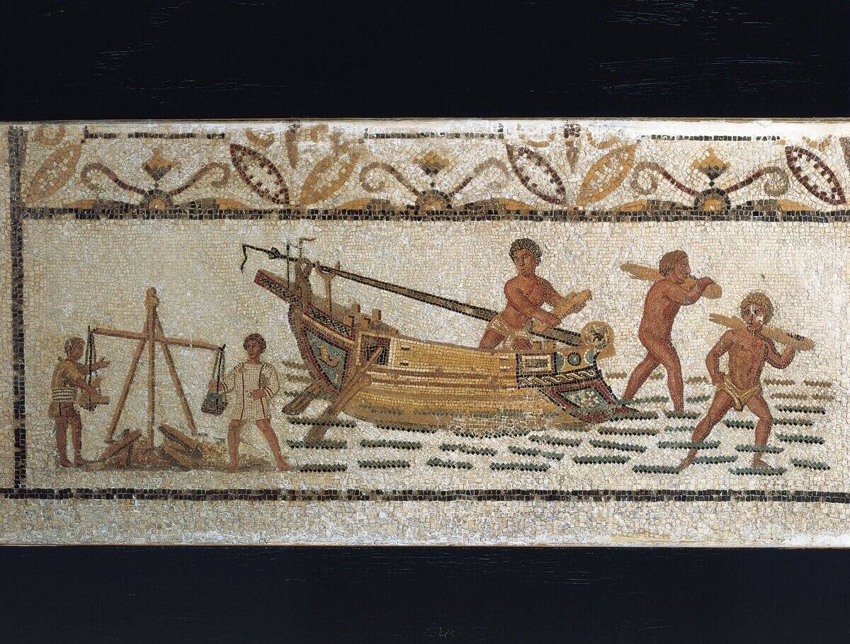 Tunisia, Sousse, Mosaic depicting unloading of ship carrying iron minerals, from Hadrumetum
