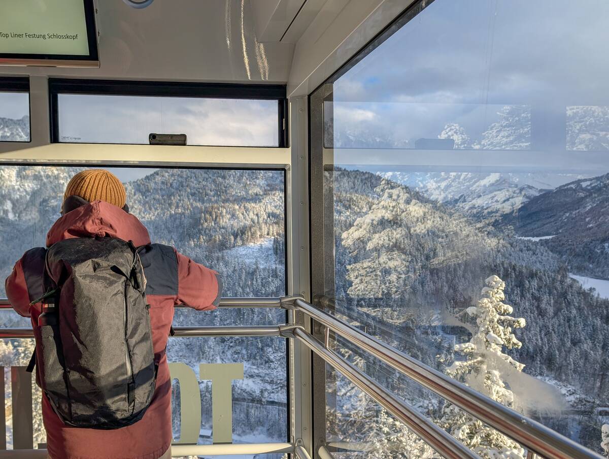 Visitors Ride Top Liner Inclined Lift To Schlosskopf Fortress Ruins In Tyrol