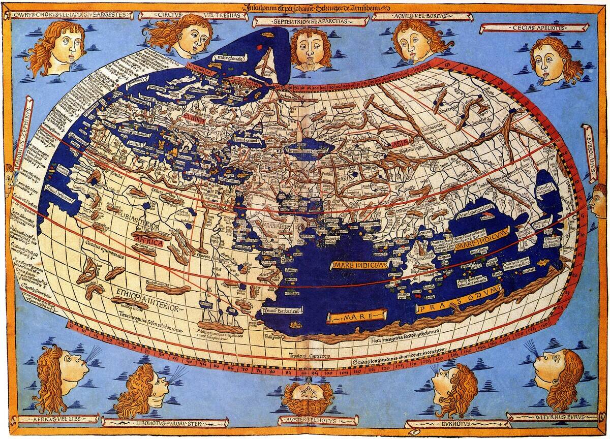 World: Map of the World, Claudius Ptolemy (90 - 168 CE), from the 1492 edition of his Cosmographia (also known as the Geographia)