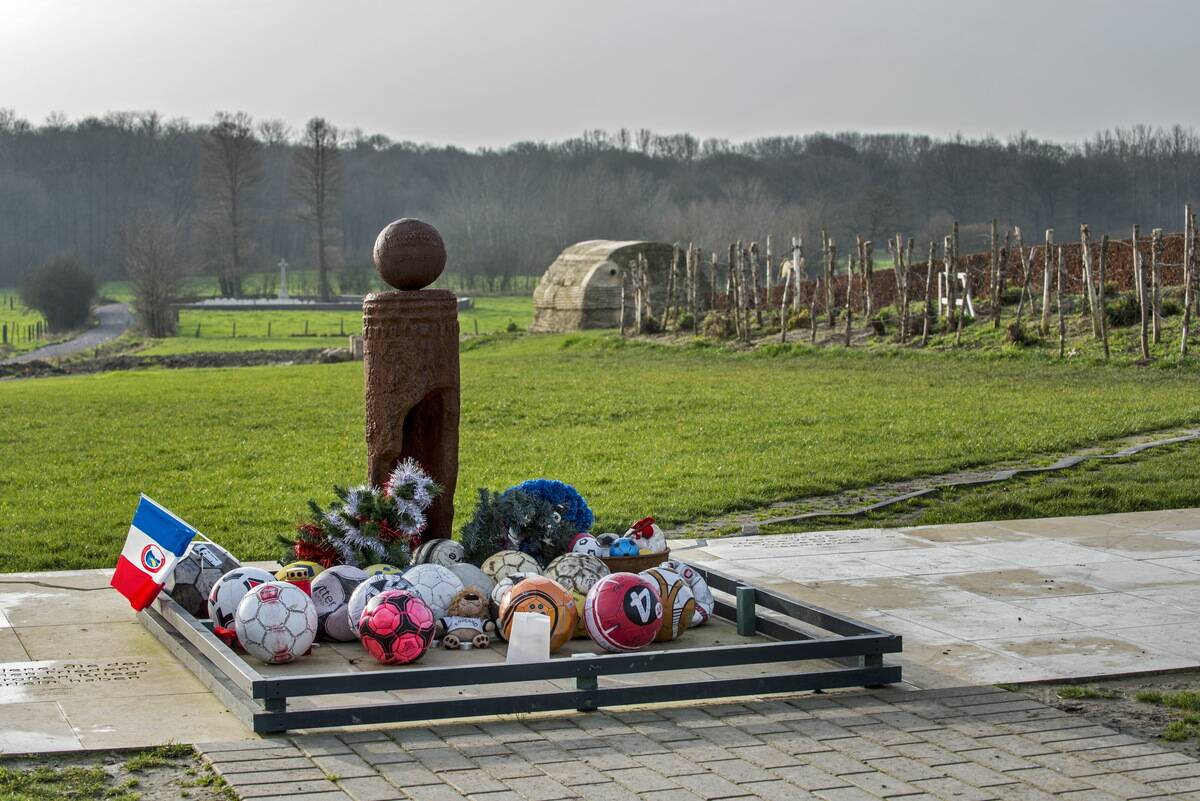 World War One monument to Christmas Truce football match played between English and German troops in the No Man's Land of Ploegsteert