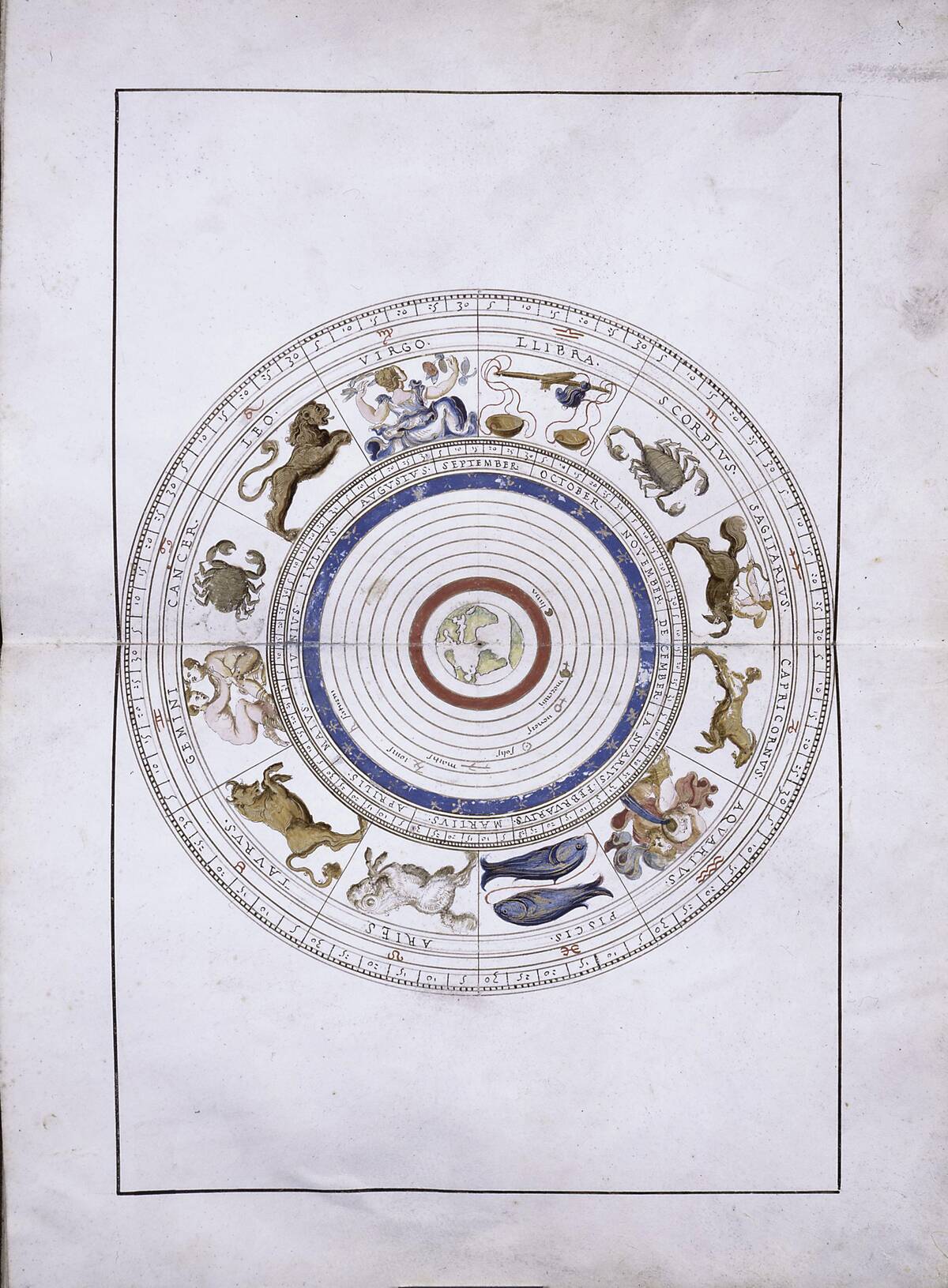 Zodiac as spheres with the earth in the center (from the Portolan Atlas), 1546. Artist: Agnese, Battista (c. 1500-1564)
