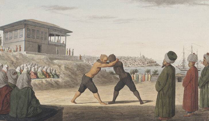 Oil_wrestling_match_in_the_gardens_of_the_Sultan's_Palace