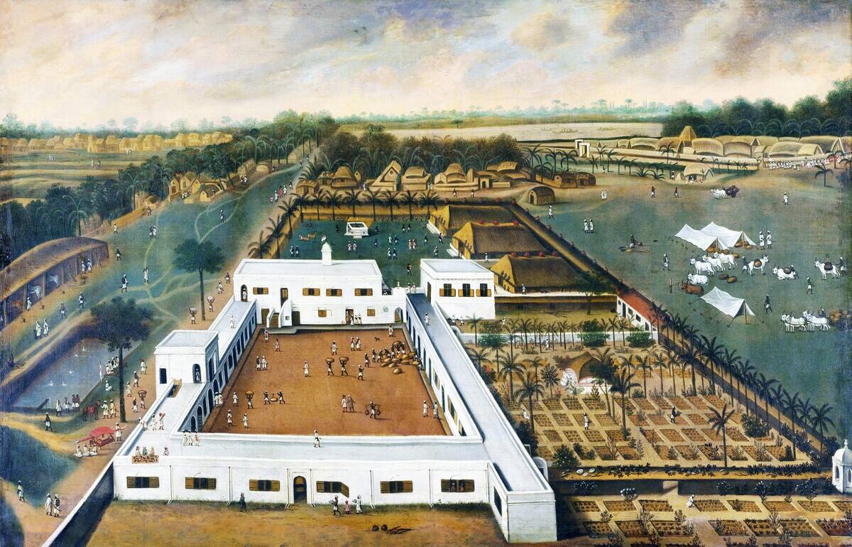 India: A Dutch plantation in Bengal, probably the VOC lodge at Kasim Bazar, Murshidabad. Left a tank with waterfowl, right a plantation. Oil on canvas, Hendrik van Schuylenburgh, 1665