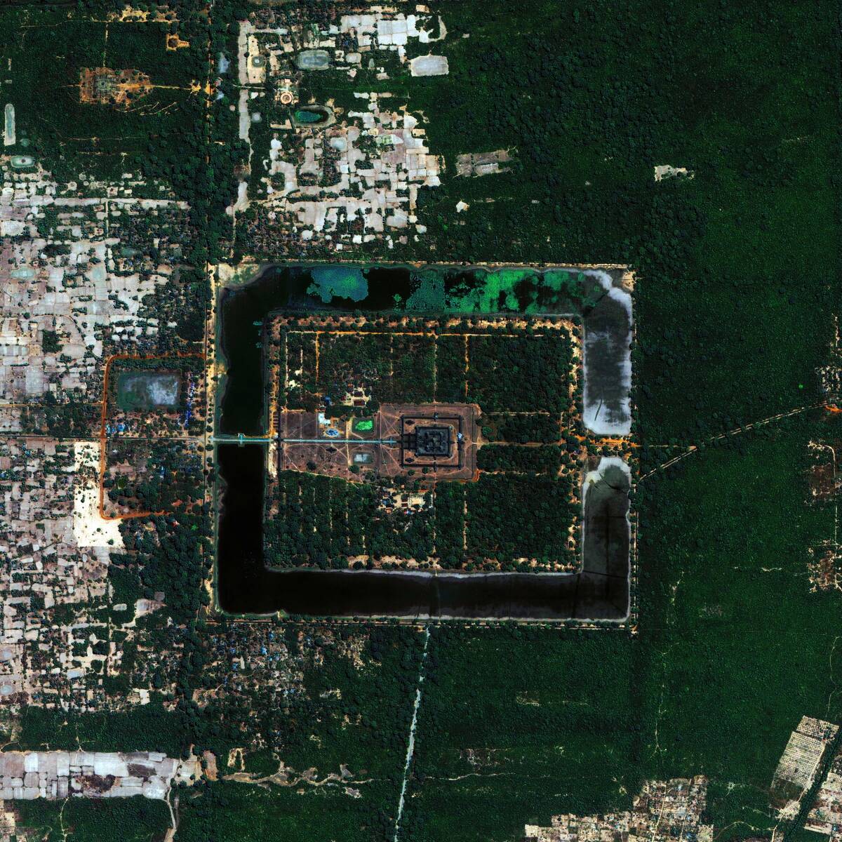 Satellite image of Angkor Wat temple complex in Cambodia.