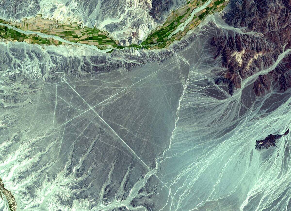 The Nasca Lines located in the Pampa region of Peru. Satellite image.