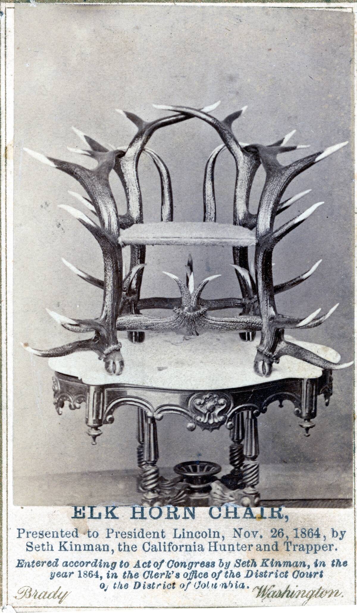 Vintage portrait of Elk Horn Chair Presented to President Lincoln, 1864