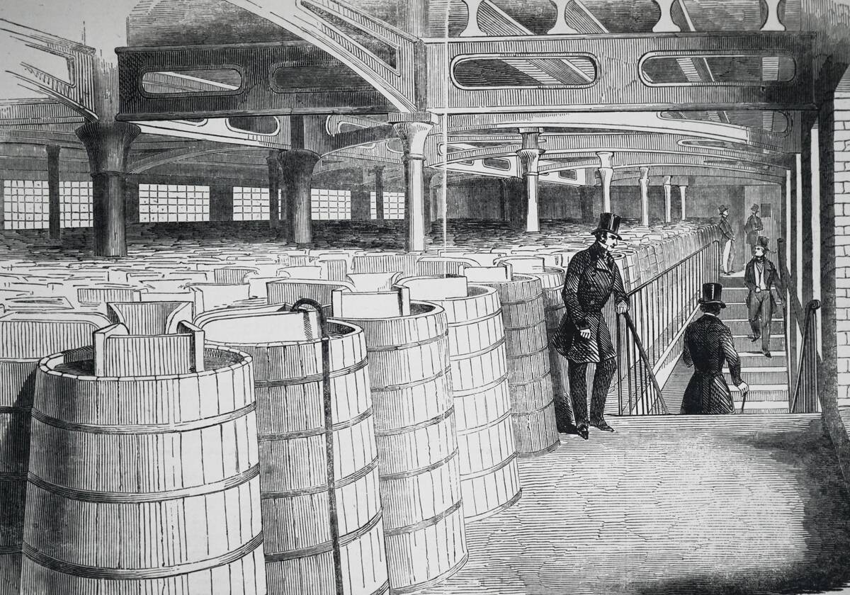 An engraving depicting the fermenting tanks at Barclay & Perkins Brewery