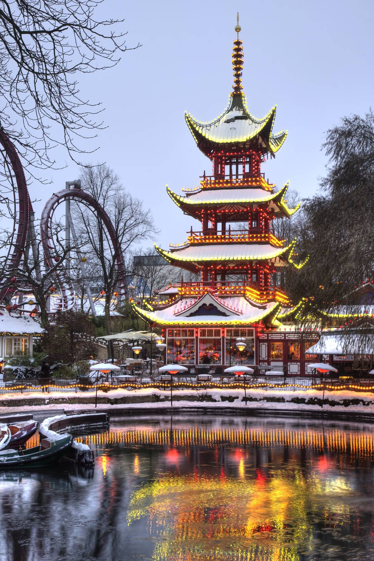 Christmas illuminated restaurant Chinese tower in Tivoli Copenhagen