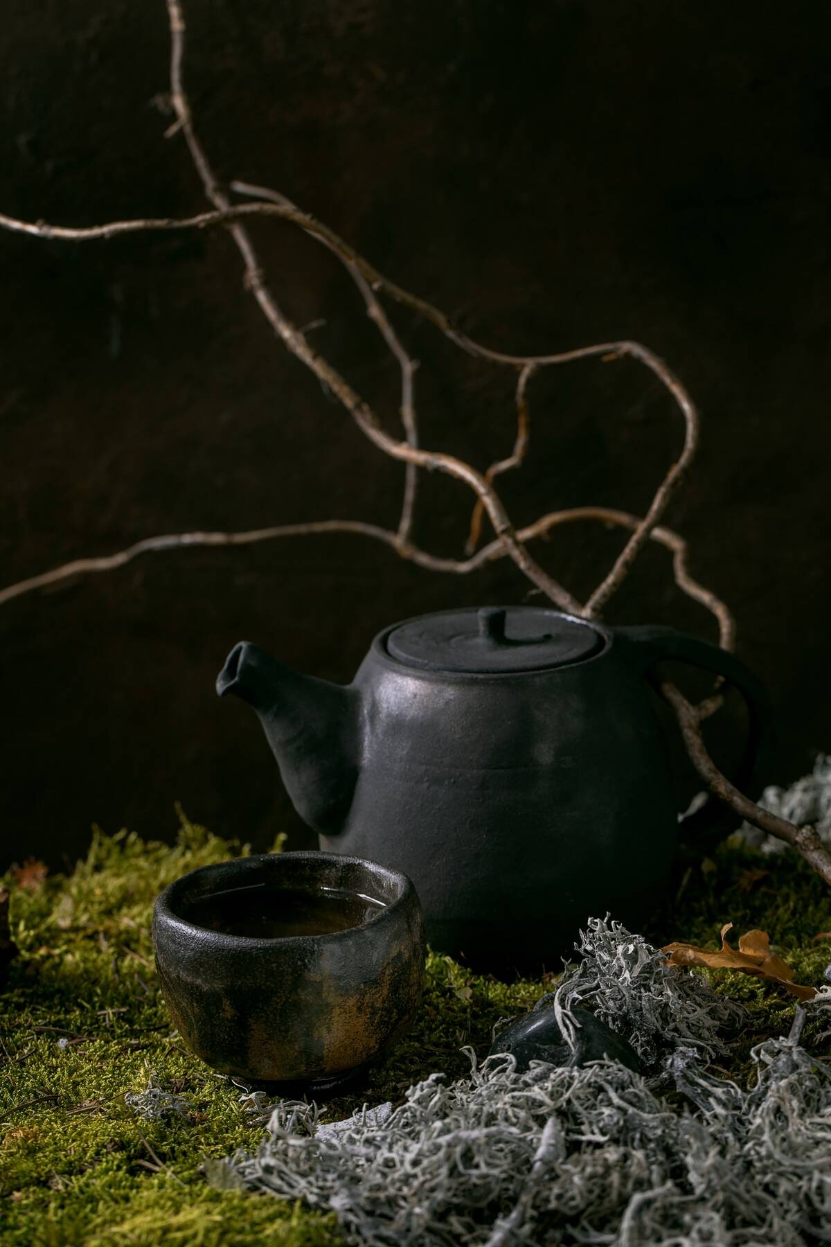 Craft handmade ceramic teapot kettle and wabi-sabi cup of hot green tea standing on moss with dry branch and leaves, Autumnal nature tea ceremony,