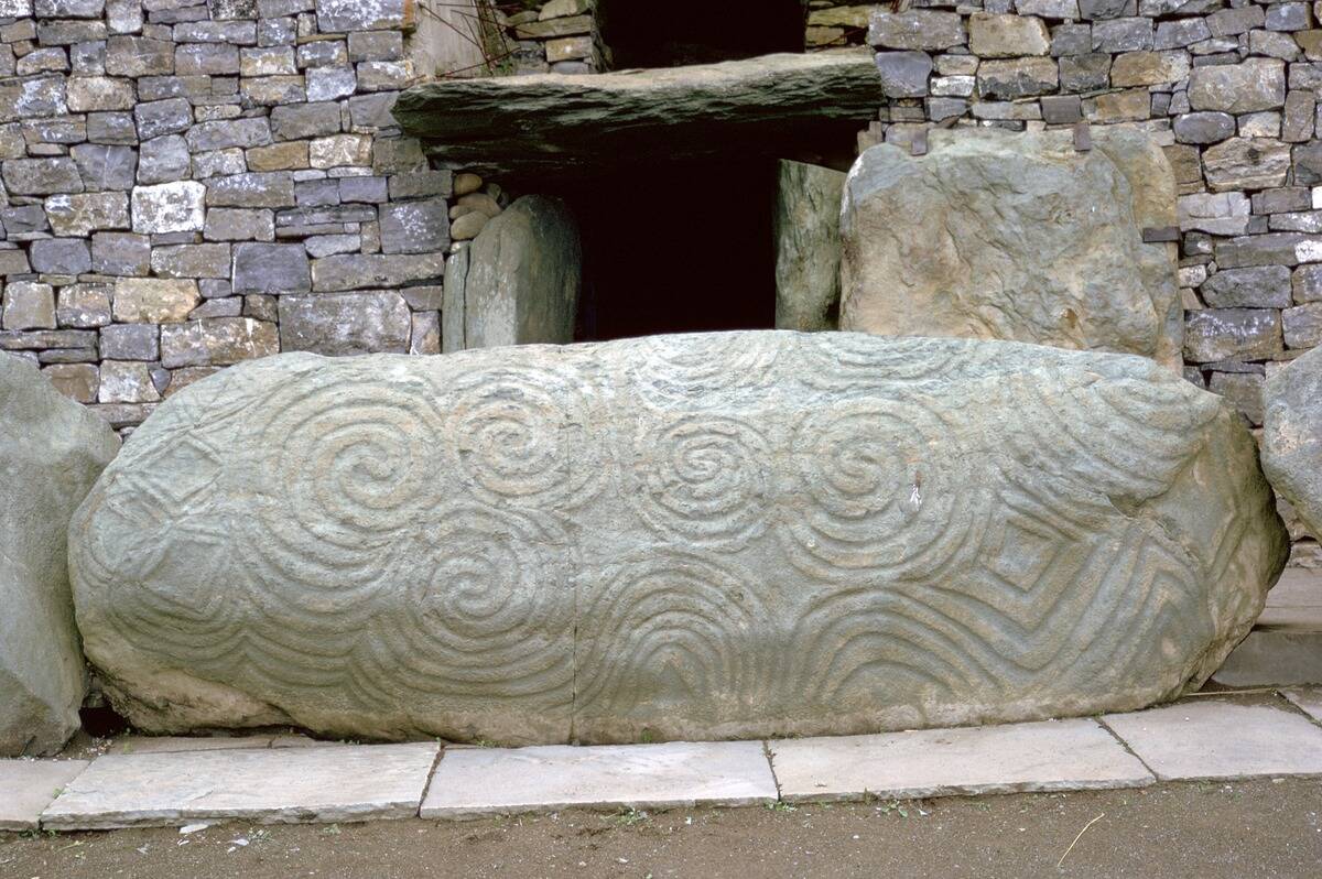 Decorated slab across an entrance to a passage grave, 33rd century BC.