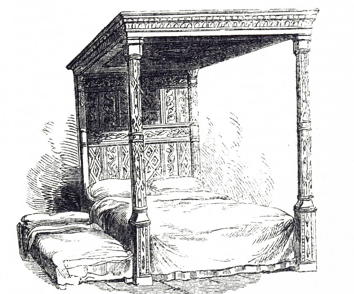 Engraving depicting a 16th century four poster bed, with trundle bed beside it