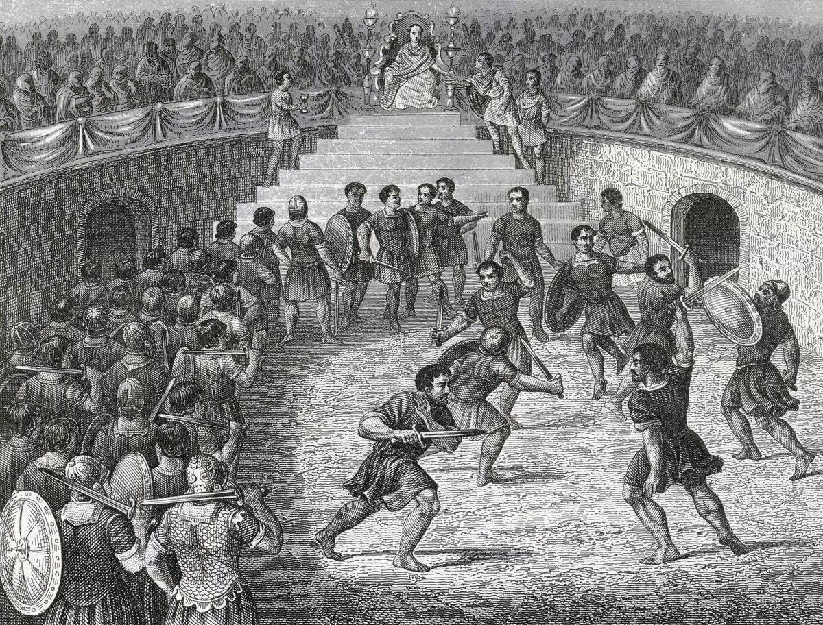 Gladiators Fighting In The Ring In Ancient Rome
