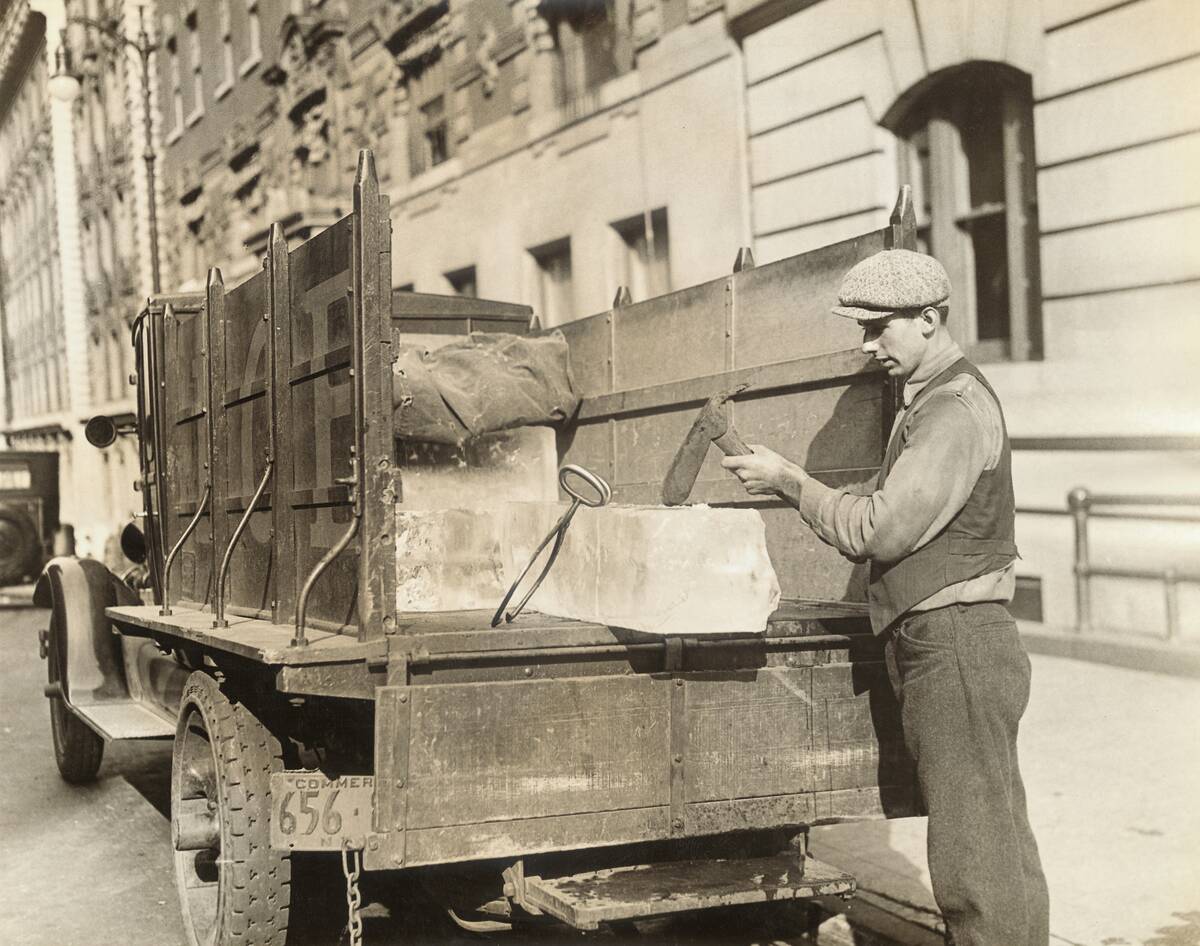 Ice Man Chopping off Piece for Home Ice Box