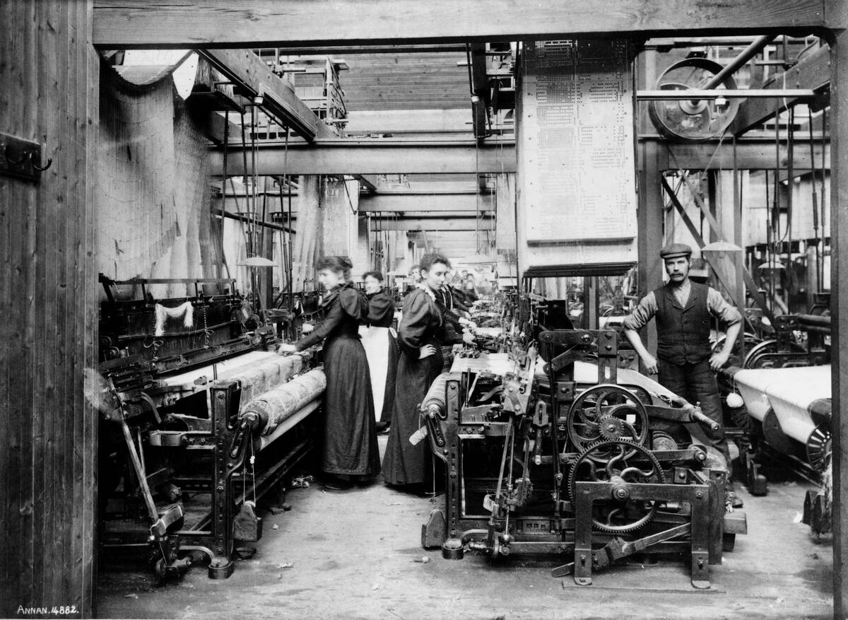 Power looms using Jacquard cards, Darvel, East Ayrshire, c 1900.
