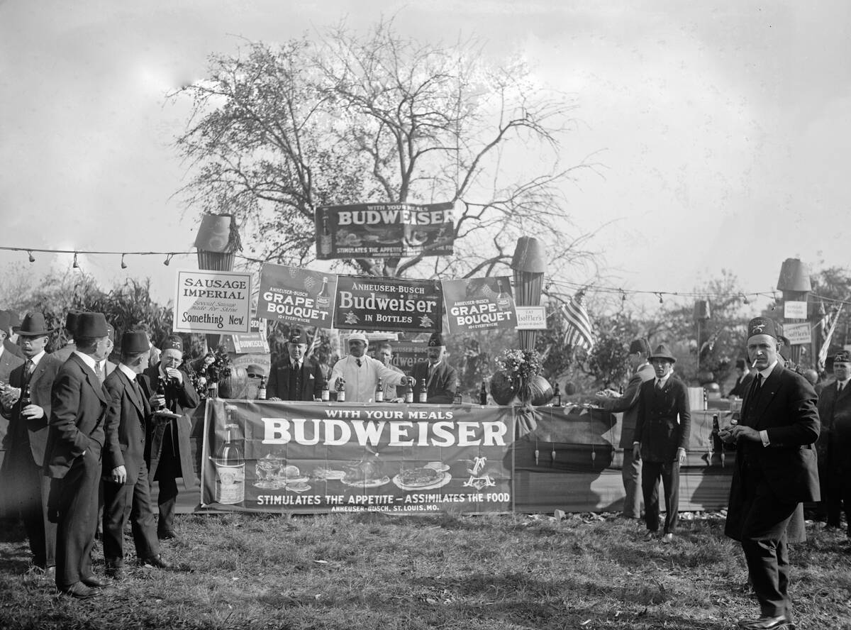 Shriners barbecue with Budweiser Beer banner ca. 1922