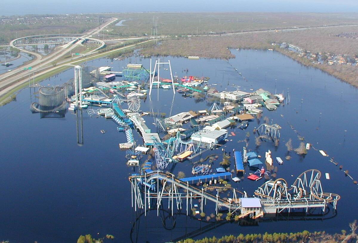 Six Flags New Orleans, an amusement park , is underwater in