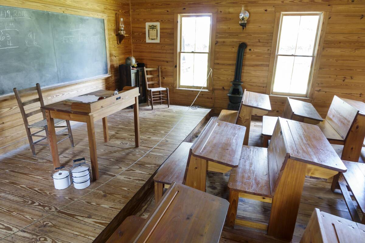 The interior of the Bunker Hill one-room schoolhouse at the Manatee Village Historical Park.