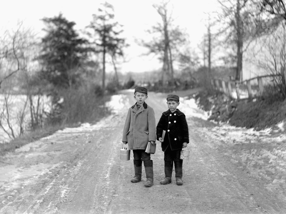 Two young boys ready for school in Pennsylvania, ca. 1915.