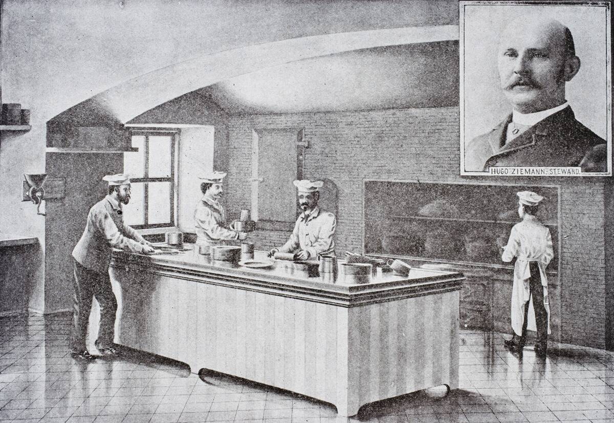 Washington DC United States of America Kitchen of The White House in 1890 s with inset portrait of Hugo Ziemann White House steward co-author The White House Cook Book