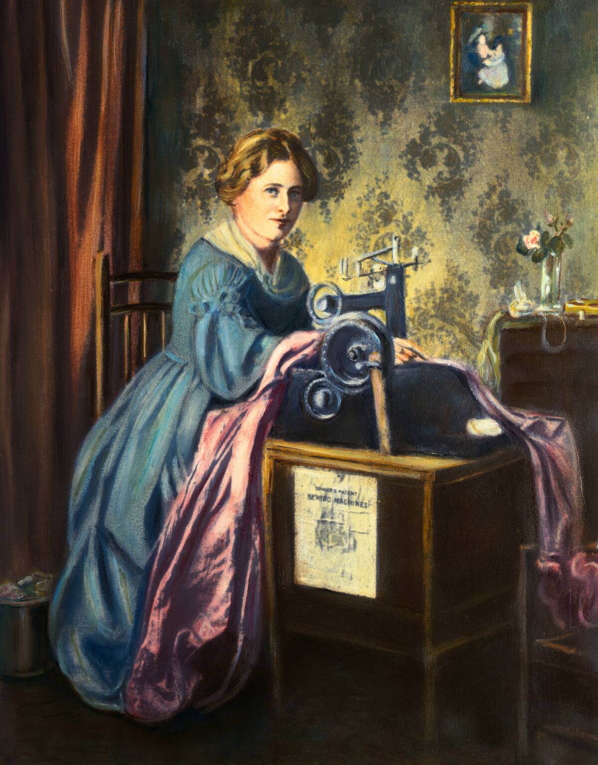Young Woman Using Early Sewing Machine