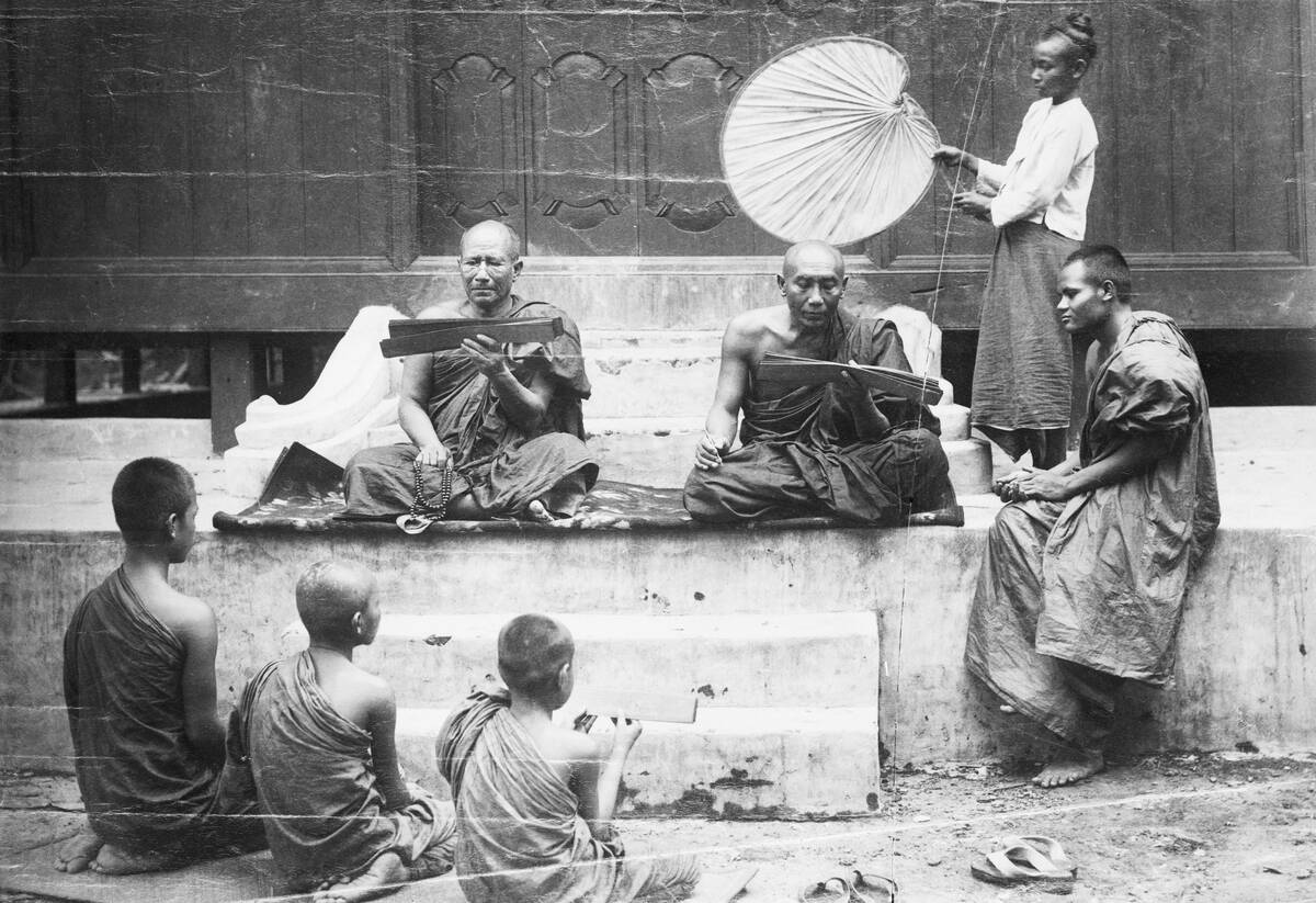 Buddhist Monks Teaching Law from Palm Leaf Manuscripts