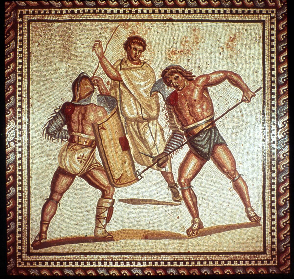 Gladiators in the arena, Roman mosaic, Saarbrucken, Germany.