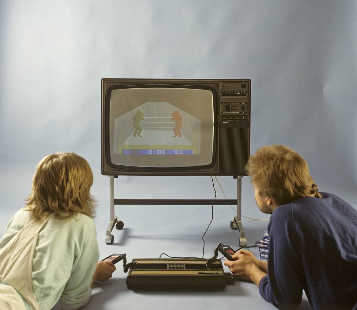 Home video games in the 1980s. A home video game console from Intellivison released by Mattel electron...