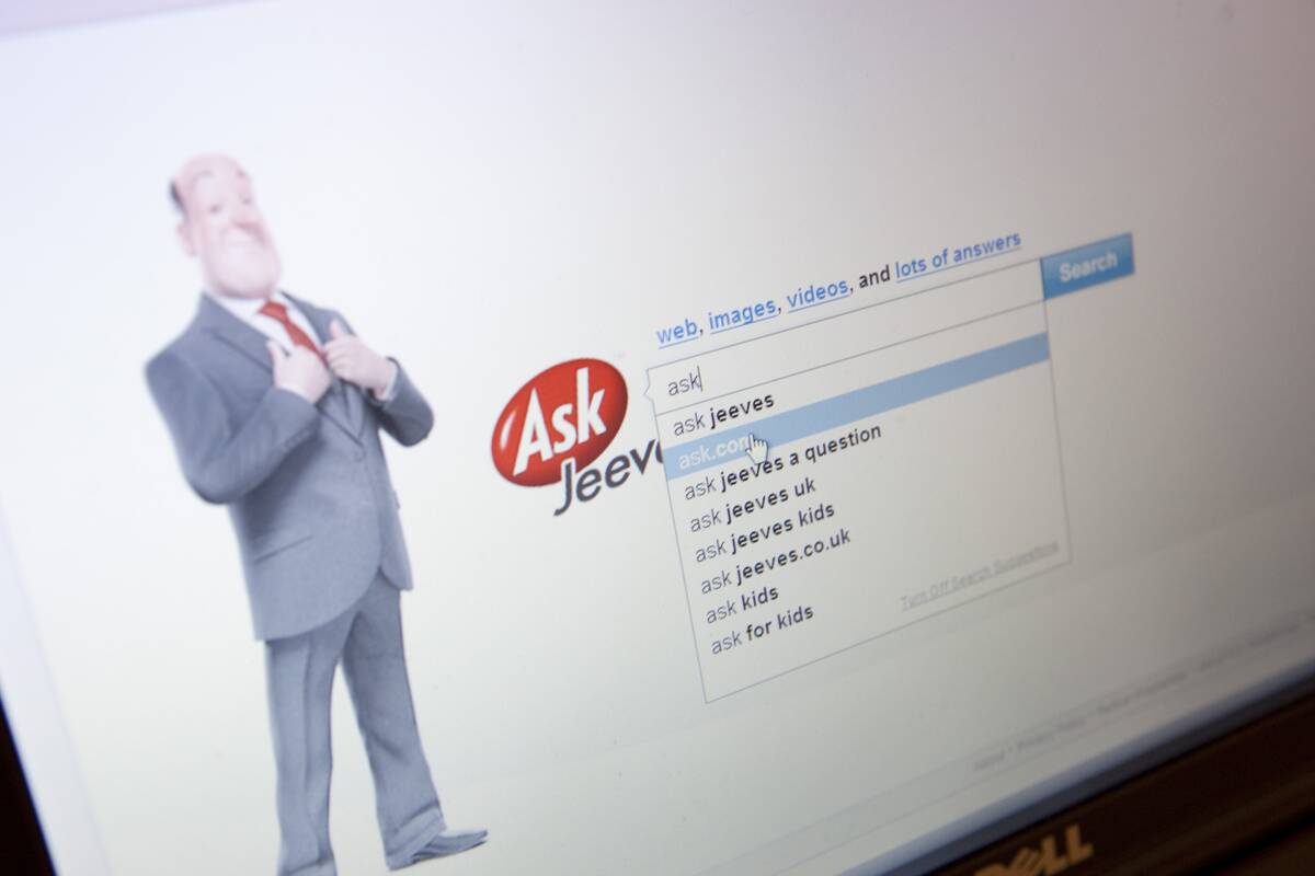 Illustrative image of the Ask.com search engine website, with the recently re-introduced Jeeves.