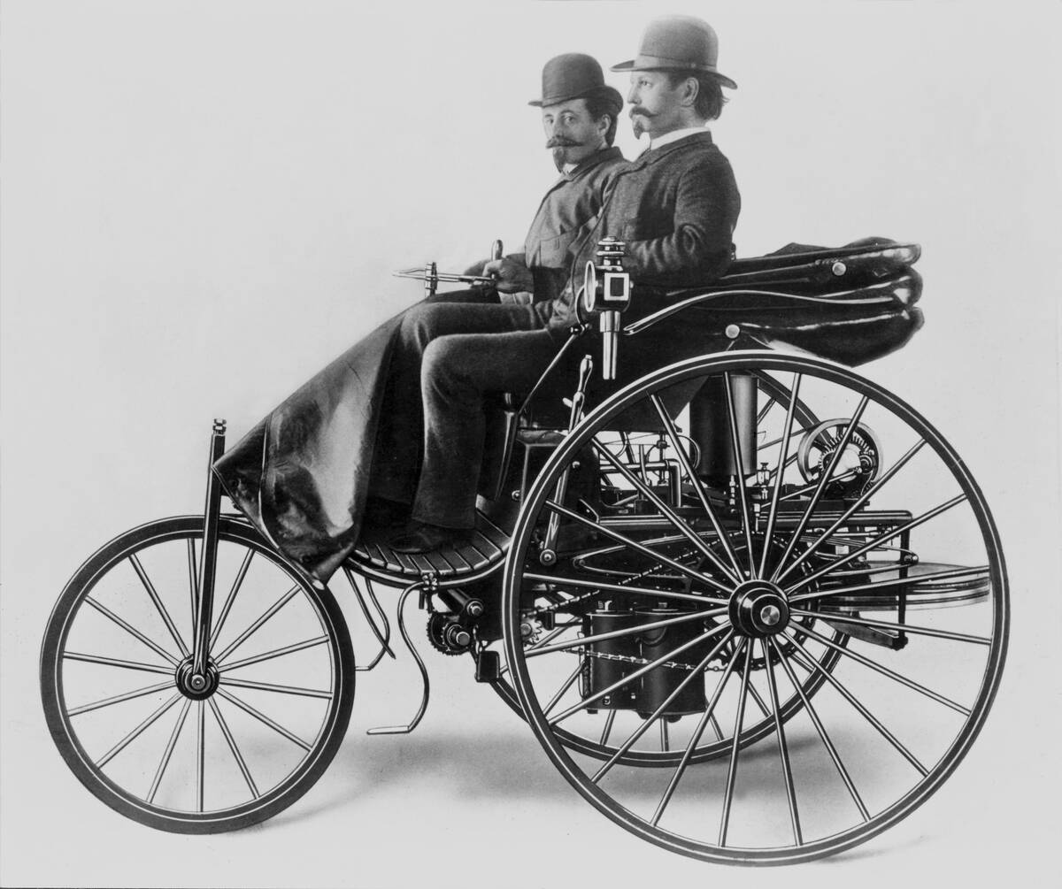 Inventor Karl Benz and Assistant in Early Motorwagen