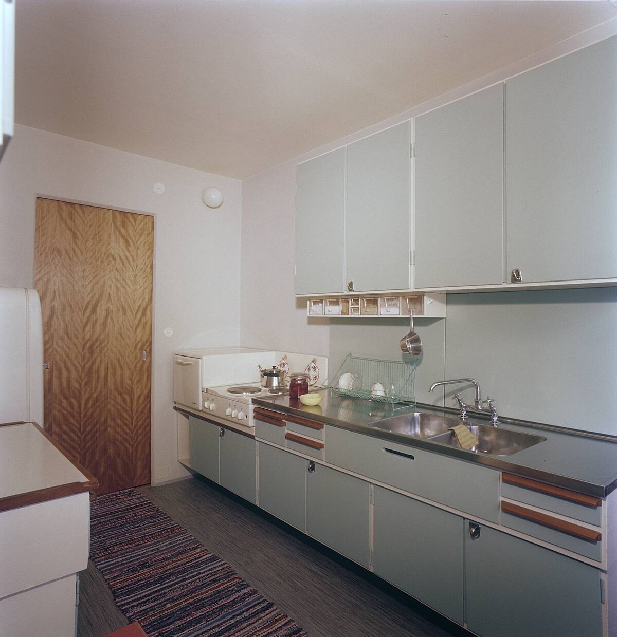 Kitchen of the 1950s. Kitchen interior in a typical design with visible objects from the time. Sweden...