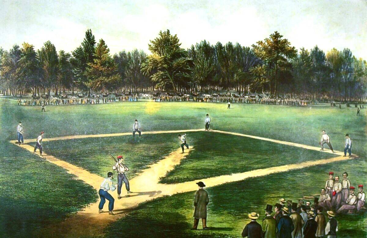 Litograph by Currier and Ives, A game of baseball, the American national game, 19th century, United States, Private collection.