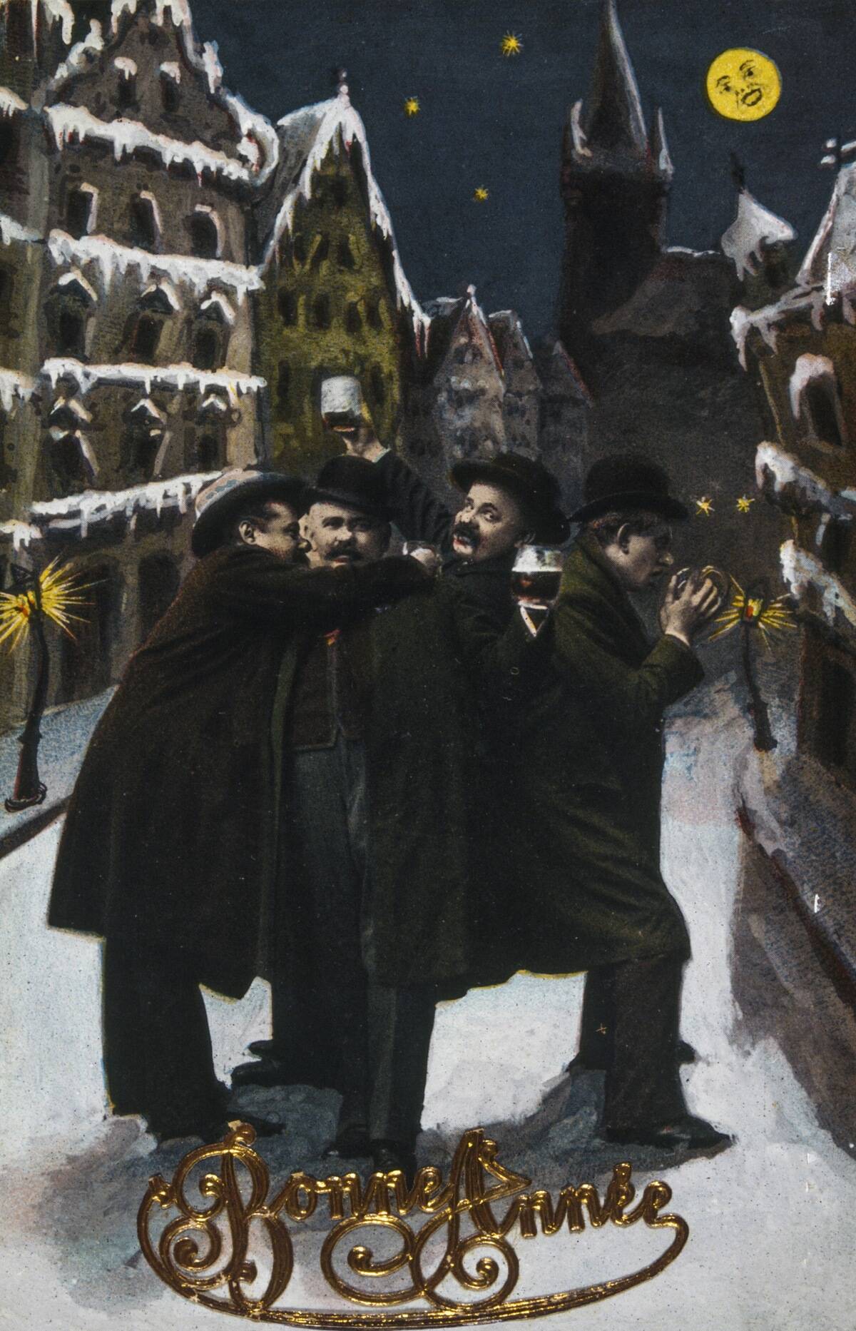 postcard depicting a group of men drinking and singing in a street at Christmas.